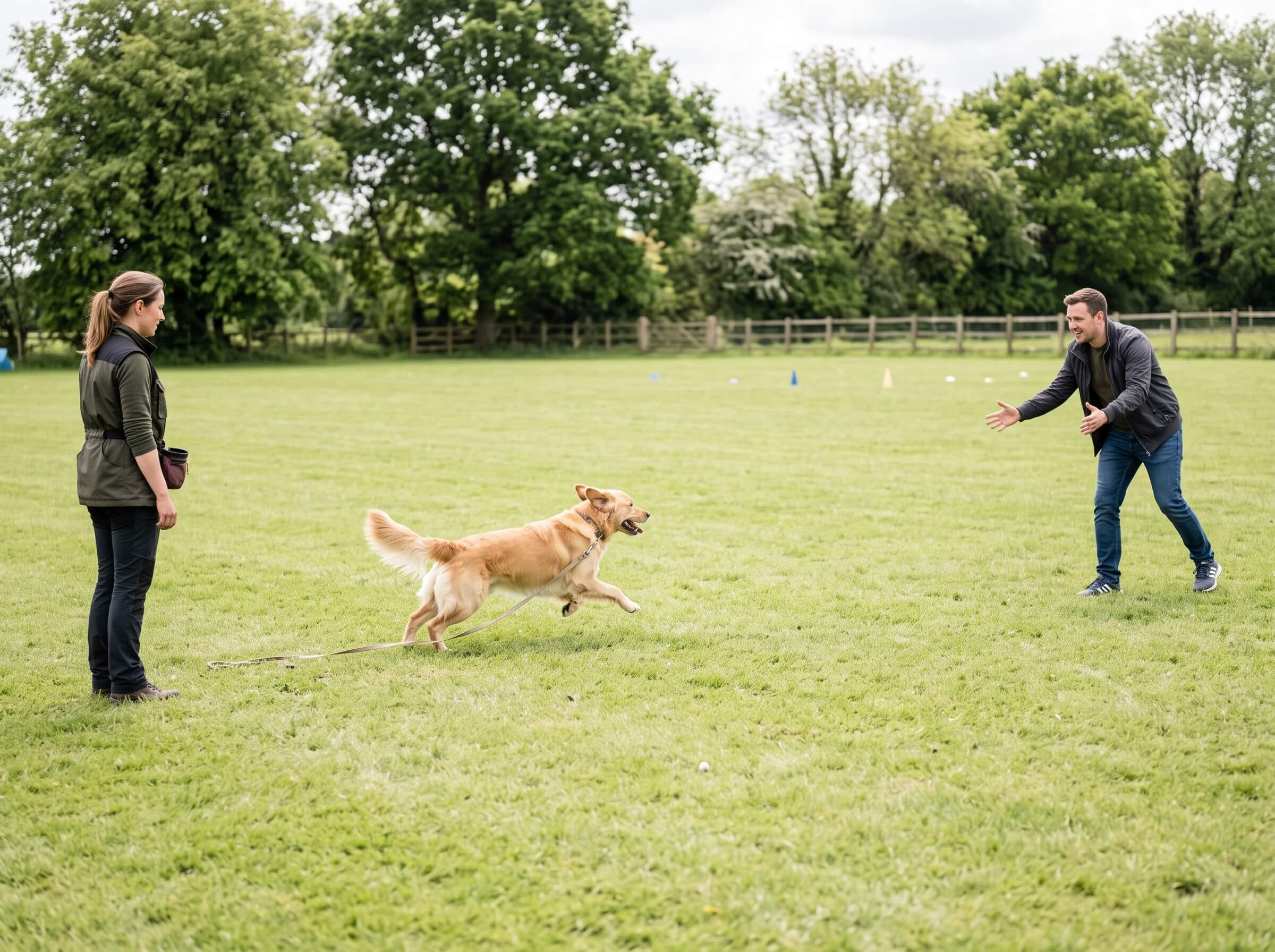 Dog practicing stay and recall commands